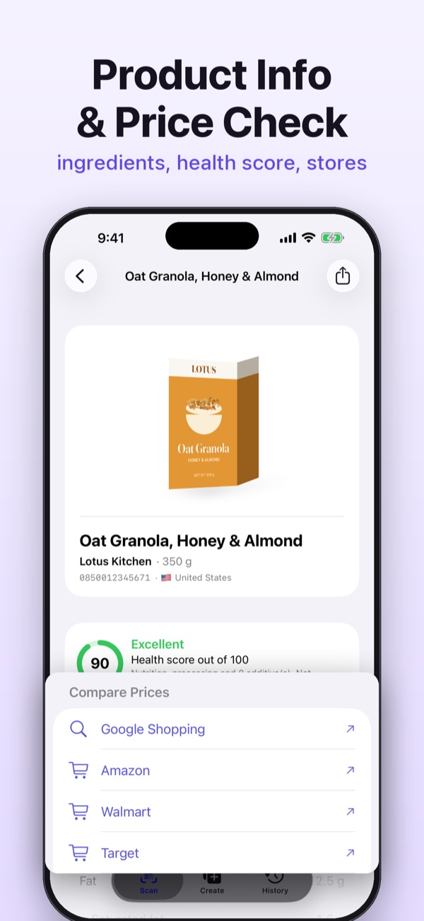 Product details with health score and price check